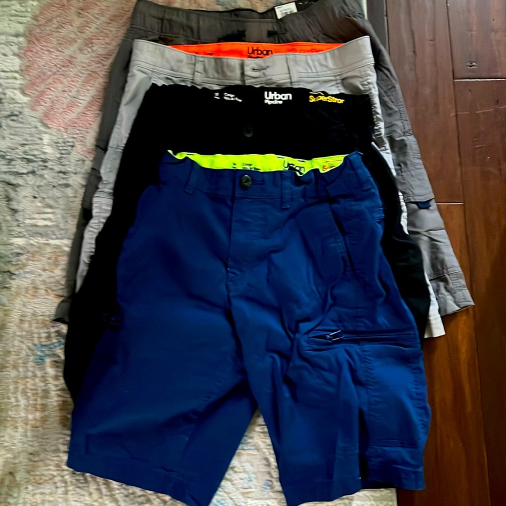 Lot of 4 Urban Pipeline boys shorts. Dk gray 18/20 Lt gray 16Black 18dk blue 14